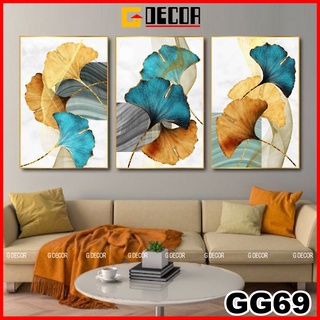 Tranh treo tường canvas khung gỗ 3 bức phong cách hiện đại Bắc Âu tranh lá trang trí phòng khách phòng ngủ spa 69