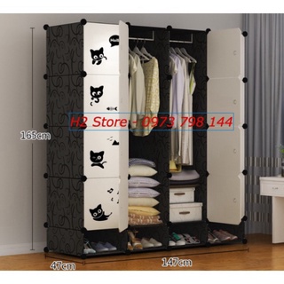 TỦ NHỰA LẮP GHÉP 16 Ô + 4 GIÀY CỬA MÈO ĐEN ĐỂ ĐỒ ĐA NĂNG THÔNG MINH sâu 47cm