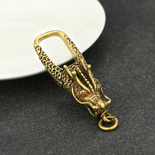 Móc khóa đầu rồng bằng đồng vàng nguyên chất mắt đính đá đỏ
