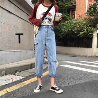 Quần bagy jeans rách lệch hai bên cạnh TT12
