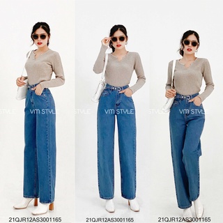 Quần jean ống rộng suông đai kiểu 2 nút ngang (không co giãn) thời trang nữ ulzzang Hàn Quốc VM STYLE  21QJR12AS3001