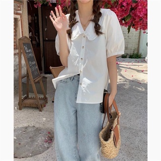 Áo sơ mi nữ đẹp tay ngắn cổ vest form rộng, Áo kiểu nữ sơ mi trắng cộc tay công sở phong cách vintage Hàn Quốc