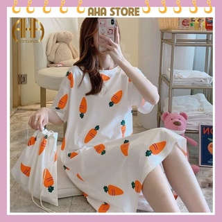 Váy Ngủ Nữ Cộc Tay HATIBO Chất Liệu Cotton Mềm Mát, Đầm Ngủ Mặc Nhà Dáng Suông Dễ Thương