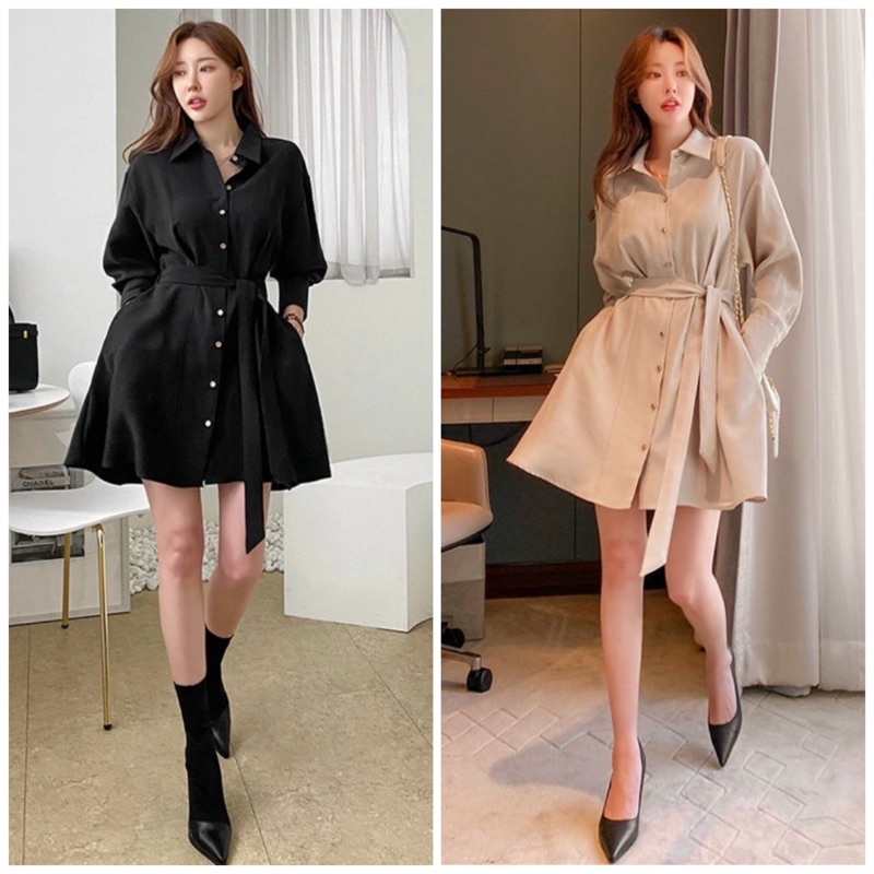 Đầm sơ mi thun eo 2 màu (kèm hình thật)