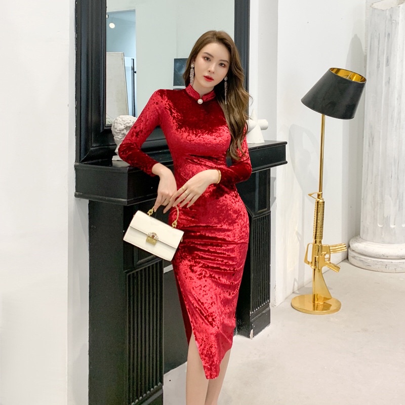 Váy nhung sườn xám