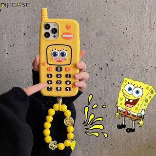 Ốp Điện Thoại Silicone Mềm Họa Tiết SpongeBob 3D Kèm Dây Đeo Cho iPhone 14 Plus 14 13 12 11 Pro Max