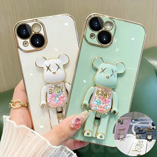 Cute Casing OPPO A57 2022 4G A73 A31 A91 F11 Pro F9 F5 Youth F15 Reno 3 6D Straight Edge Electroplate Cartoon Candy Beads Gloomy Bear Kaws Quicksand Holder Fine hole Shockproof Soft Phone Back Case Cover MMT 09