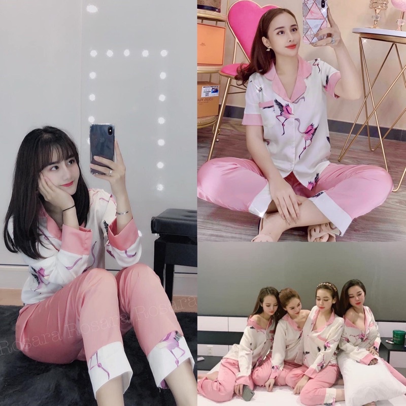 Đồ Bộ Lụa Mango Hạc Hồng Phối Màu Đẹp Chất Lụa Mềm Mịn Mát Lịm Tay Lụa Đẹp