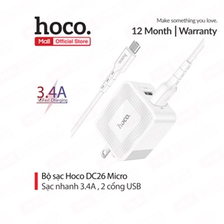 Bộ sạc Hoco DC26 sạc nhanh 3.4A chân dẹt 2 cổng Usb kèm dây sạc Micro dài 1M cho Smartphone