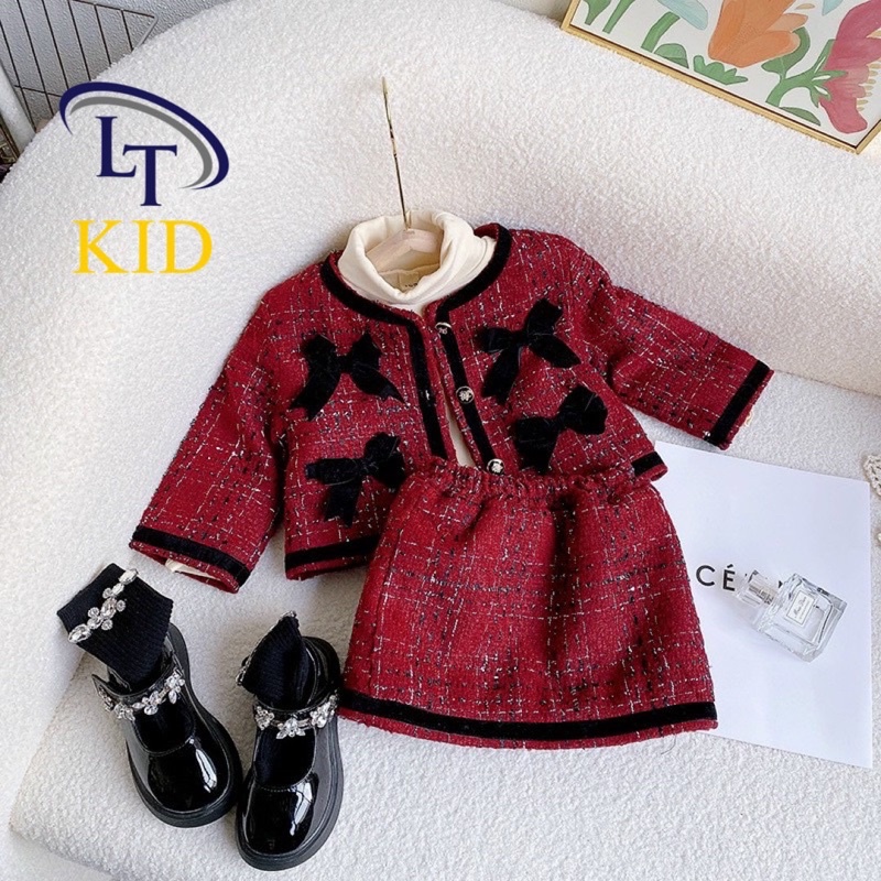 Set váy dạ đỏ cho bé gái