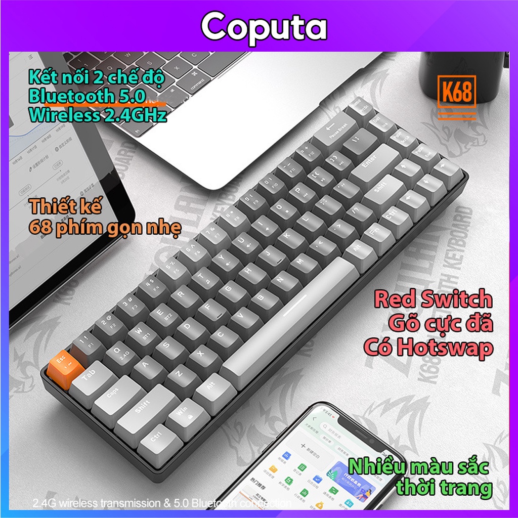 Bàn phím cơ Coputa Bàn phím cơ Bluetooth không dây laptop máy tính gaming cao cấp K68