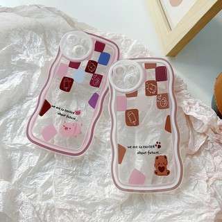 Casing Samsung S20 S21 S22 S23 FE PLUS ULTRA  Cute Waves Edge Cartoon Bear Pig Candy Lattice Fine Hole Airbag Protection Clear Soft Phone Case STB 19