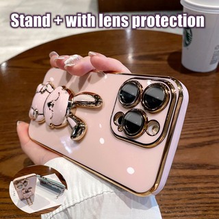 Ốp Điện Thoại iPhone 14 13 12 11 Pro max 14 plus case ốp lưng iphone 14 13 12 11 promax Dẻo Tráng Gương Họa Tiết Hoạt Hình Chú Thỏ Kèm Giá Đỡ Chống Sốc Sang Trọng Cho iP 14 plus 11 12 13 14 Pro max