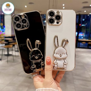 Ốp Điện Thoại TPU Dẻo Viền Vuông Mạ Điện Họa Tiết Chú Thỏ Kèm Giá Đỡ Cho iPhone 14 13 12 Pro Max 11 14 Pro