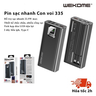 Pin sạc nhanh 22.5W max, pin con voi màn hình LED và 2 dây cáp liền WEKOME 335  20000mAh Phù hợp mọi loại điện thoại
