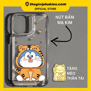 Ốp lưng iphone trong suốt siêu dày mèo áo vàng viền vuông nút bấm kim loại dành cho ip 6 đến 14promax - sd2007