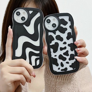 Casing For Samsung S20 S21 S22 S23 FE PLUS ULTRA  Black pattern wave edge transparent case simple atmosphere round lens Cute Fine Hole Shockproof Zebra Leopard Cover STB 21