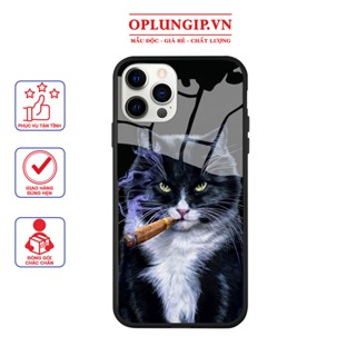 Ốp iphone kính cao cấp Mèo ngậm xì gà cho iphone 11 12 pro max mini 13 14 pro max plus x r s max 6 s 7 8 plus