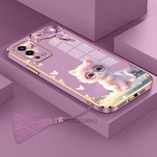 Ốp Điện Thoại TPU Silicon Mềm Mạ Viền Hình Mèo Kèm Dây Đeo Tua Rua Cho oppo a55 4G