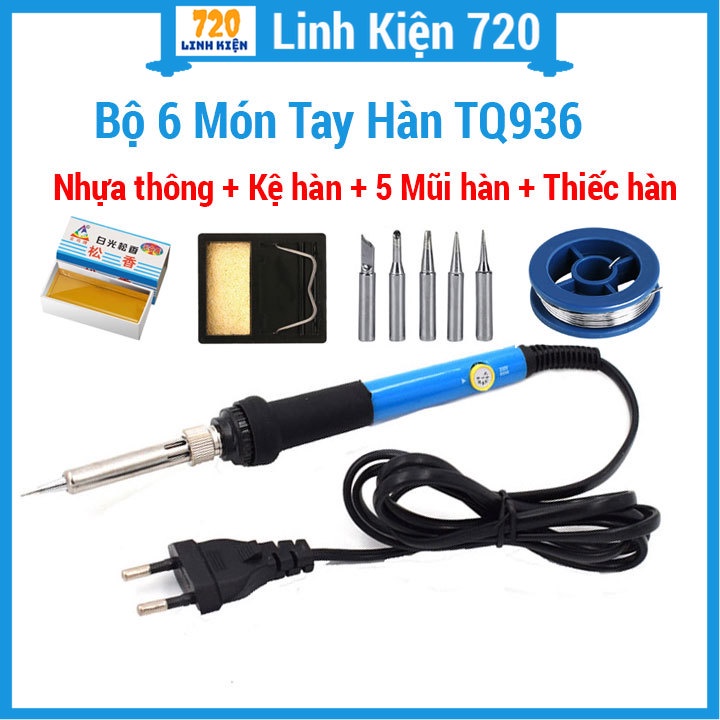 Bộ mỏ hàn nhiệt màu xanh TQ936 60W-220V kèm thiếc hàn + 5 mũi hàn + kệ hàn + bọt biển + nhựa thông
