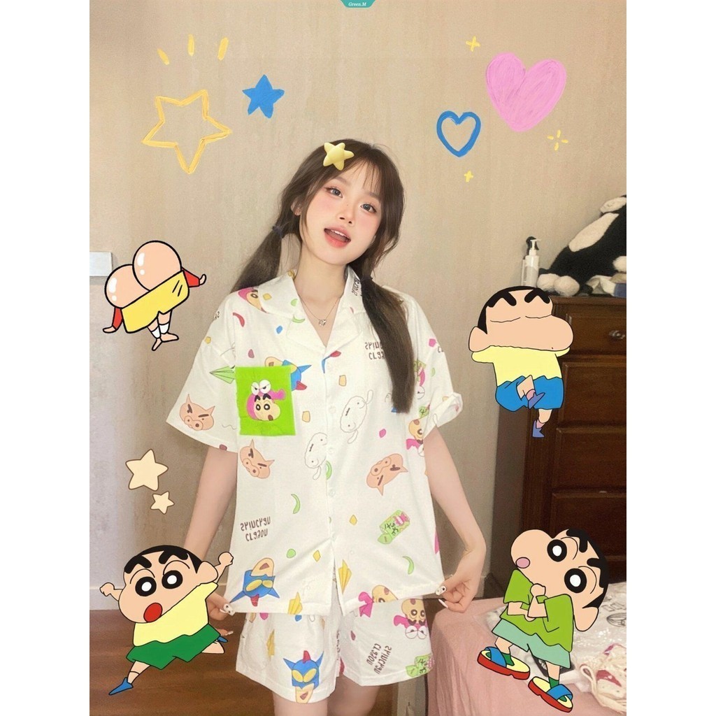 Nhật Bản Crayon Shin-chan Pop-up Bộ Đồ Ngủ Nam Nữ Mùa Hè Mới Quần Short Tay Ngắn Hoạt Hình Ins Gió Mùa Hè Ký Túc Xá Sinh Viên Bên Ngoài Quần Áo Gia Đình Phù Hợp Với [GM]