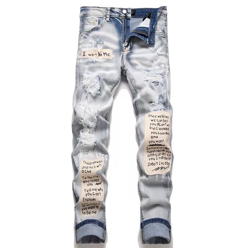PaulWeekend Quần jean Denim đau khổ thời trang với miếng dán Graffiti dành cho giới trẻ
