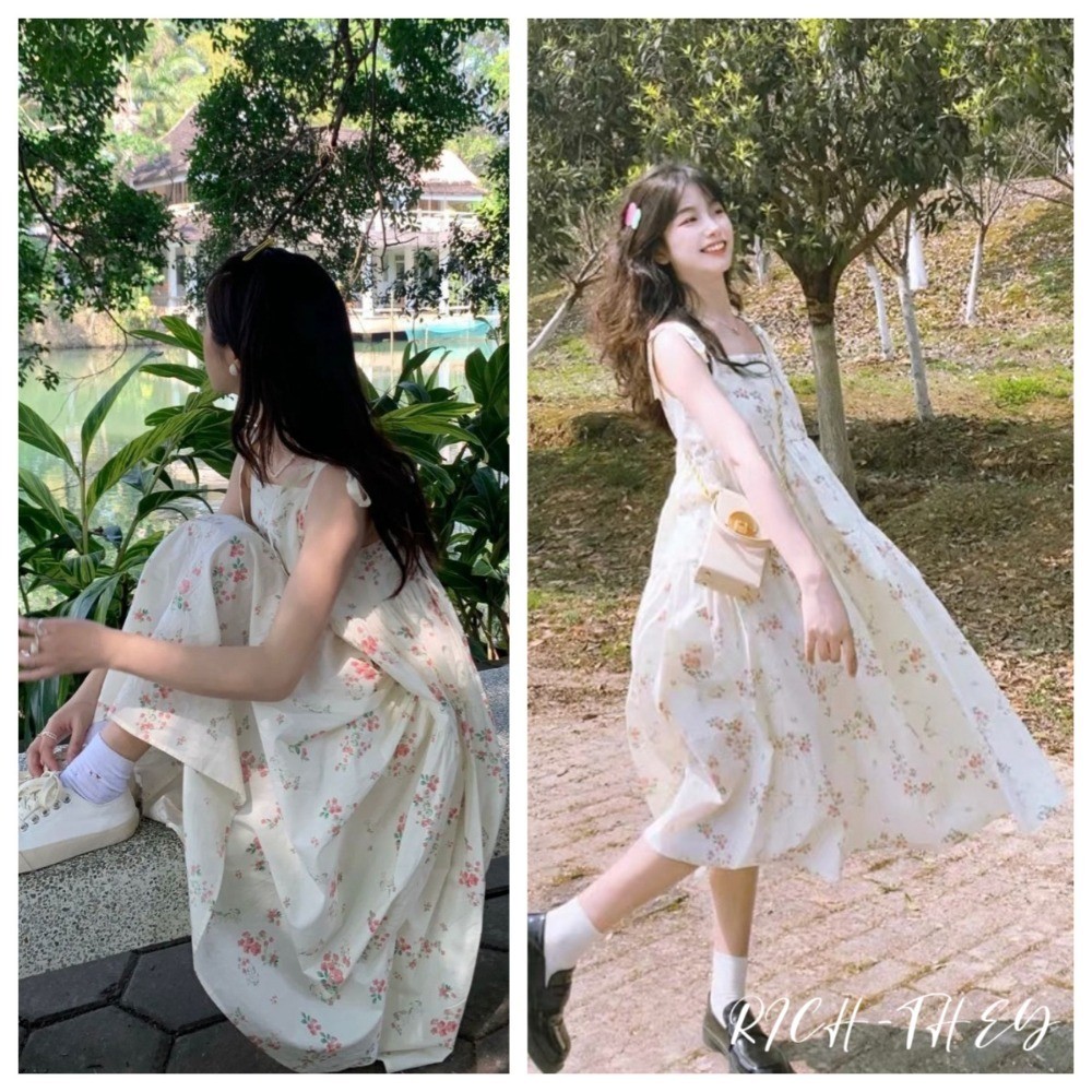 RICH-THEY Đầm Thắt Dây Họa Hoa Nhí Phong Cách Thường Ngày Cho Nữ Váy Dài Gợi Cảm Thời Trang Mới