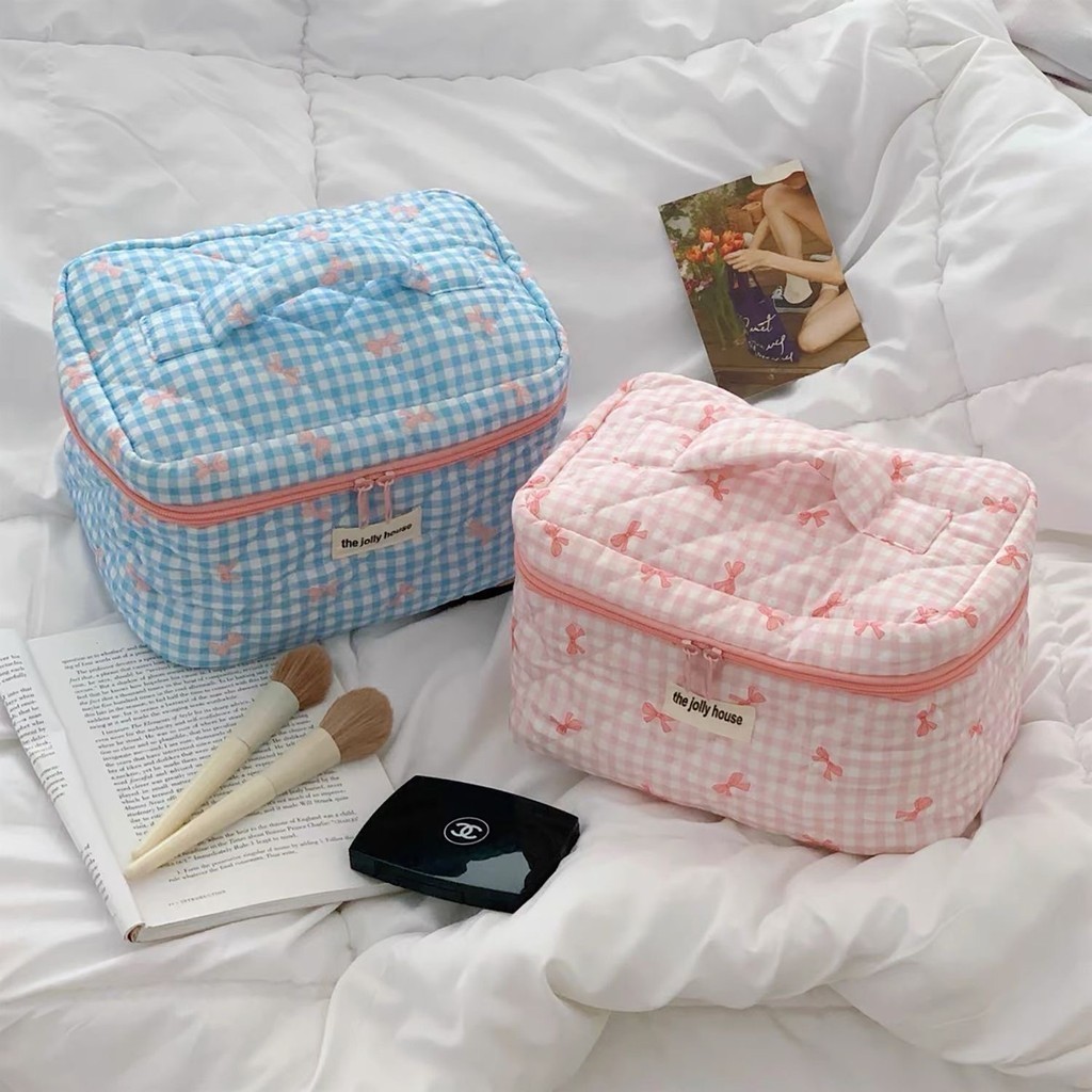 Túi đựng mỹ phẩm Nơ kiểm tra Dung tích lớn Ngọt ngào Sinh viên Túi lưu trữ Quilted Túi xách mềm di động Túi vệ sinh