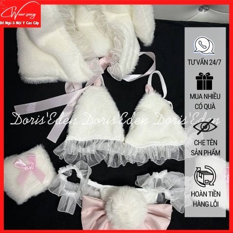 Bộ Đồ Lót Sexy Đam Mê Gợi Cảm Mix Lông Kèm Mũ Trùm Đầu Thỏ 6899 [CWEAR.SEXY_ĐỒ NGỦ & NỘI Y CAO CẤP]
