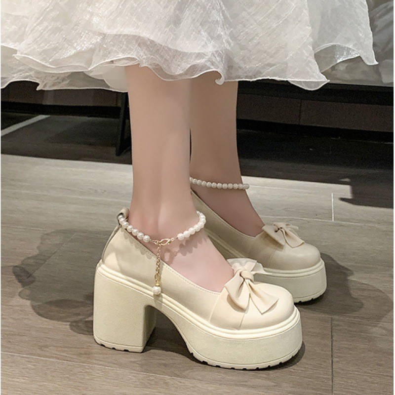 Giày Búp Bê Lolita Nữ 7p Quai ngọc Mũi Nơ Đế cao đen và trắng(Lấy lùi 1 size)