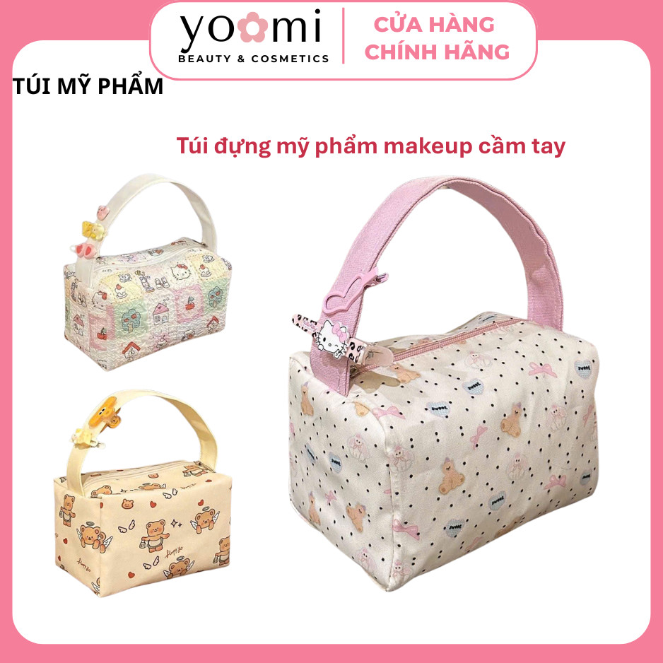 Túi Đựng Mỹ Phẩm cầm tay Hello Kitty Nữ Pouch Chần Bông Vintage Nơ Ins Make Up dễ thương ngọt ngào Dung tích lớn du lịch
