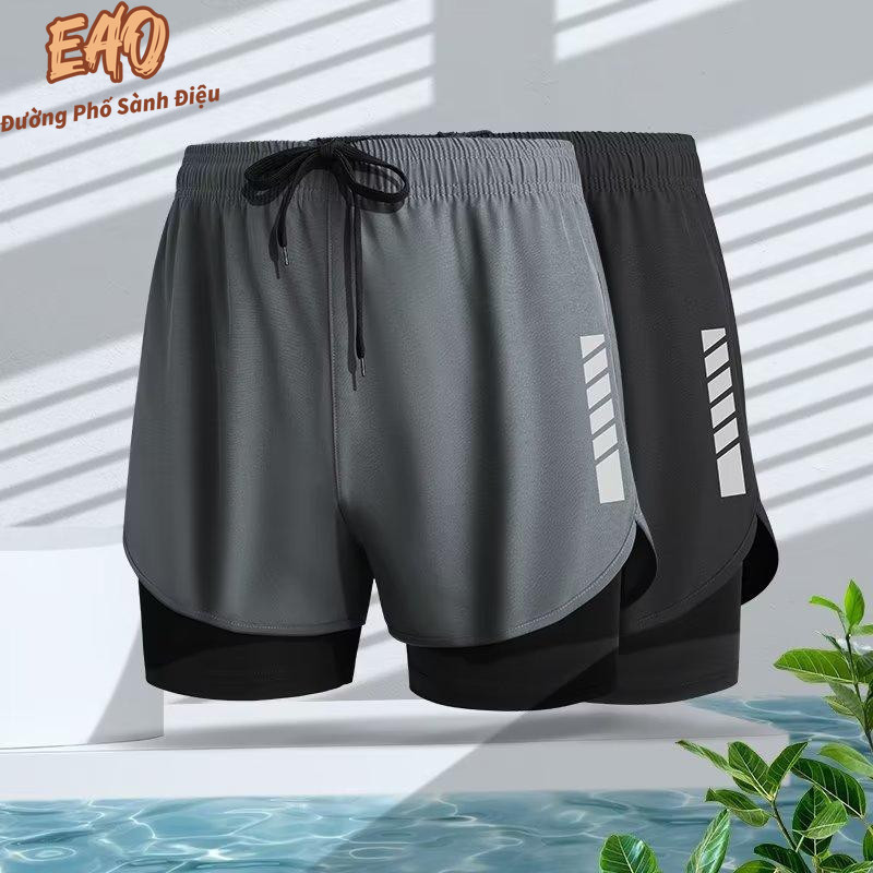 EATHO M-5XL Quần Đùi Short Thể Thao Sọc Ngắn 2 Lớp Tập Gym Chạy Bộ Bơi Quần Short Giả Hai Lớp Màu Nhanh Khô Thoáng Khí Đen Xám