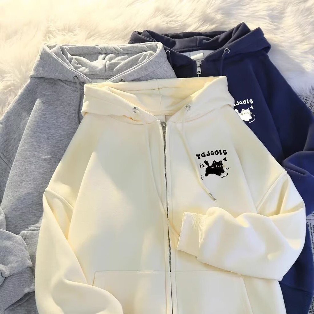 [Áo khoác cặp đôi M-5XL chất lượng cao] Phiên bản mùa thu Hàn Quốc Phim hoạt hình Fun Kitten in hình Unisex Áo khoác dài tay thương hiệu thời trang Hạng nặng Thể thao thông thường Áo khoác có dây kéo nhung dày