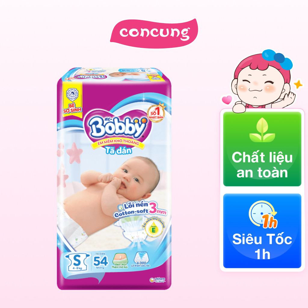 Tã dán Bobby siêu thấm - khô thoáng  (S, 4-8kg, 54 miếng) - concung
