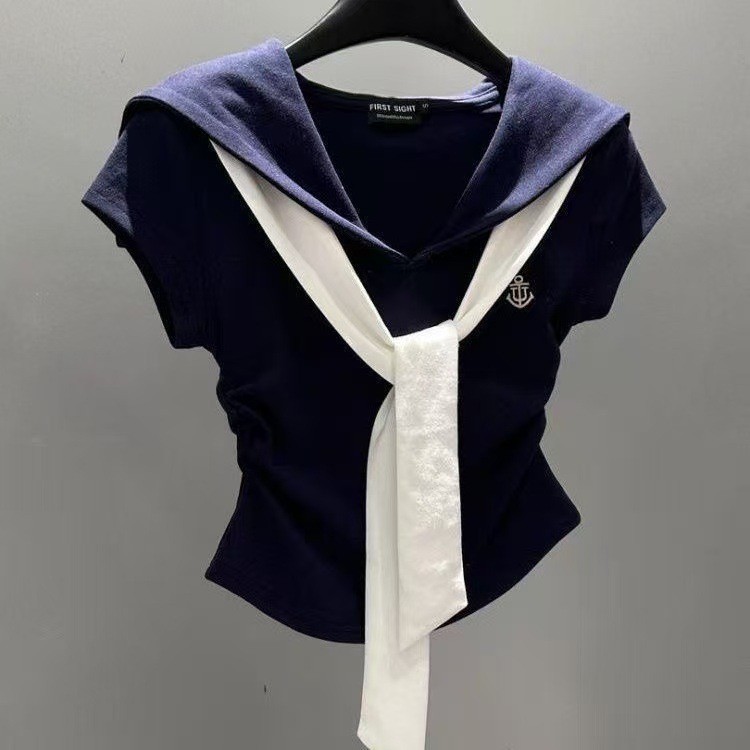 Phong Cách Hàn Quốc Preppy Phong Cách Thời Trang Màu Sắc Tương Phản Cổ Hải Quân Áo Thun Nữ Tay Ngắn Mùa Hè 2025 Phong Cách Mới Slim-fit Slimmer