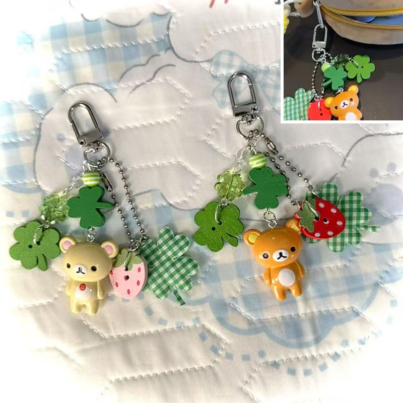 Mới Đính Hạt Cỏ Ba Lá Móc Khóa Hoạt Hình Gấu Retro Mặt Dây Chuyền Túi Trang Trí Móc Chìa Khóa