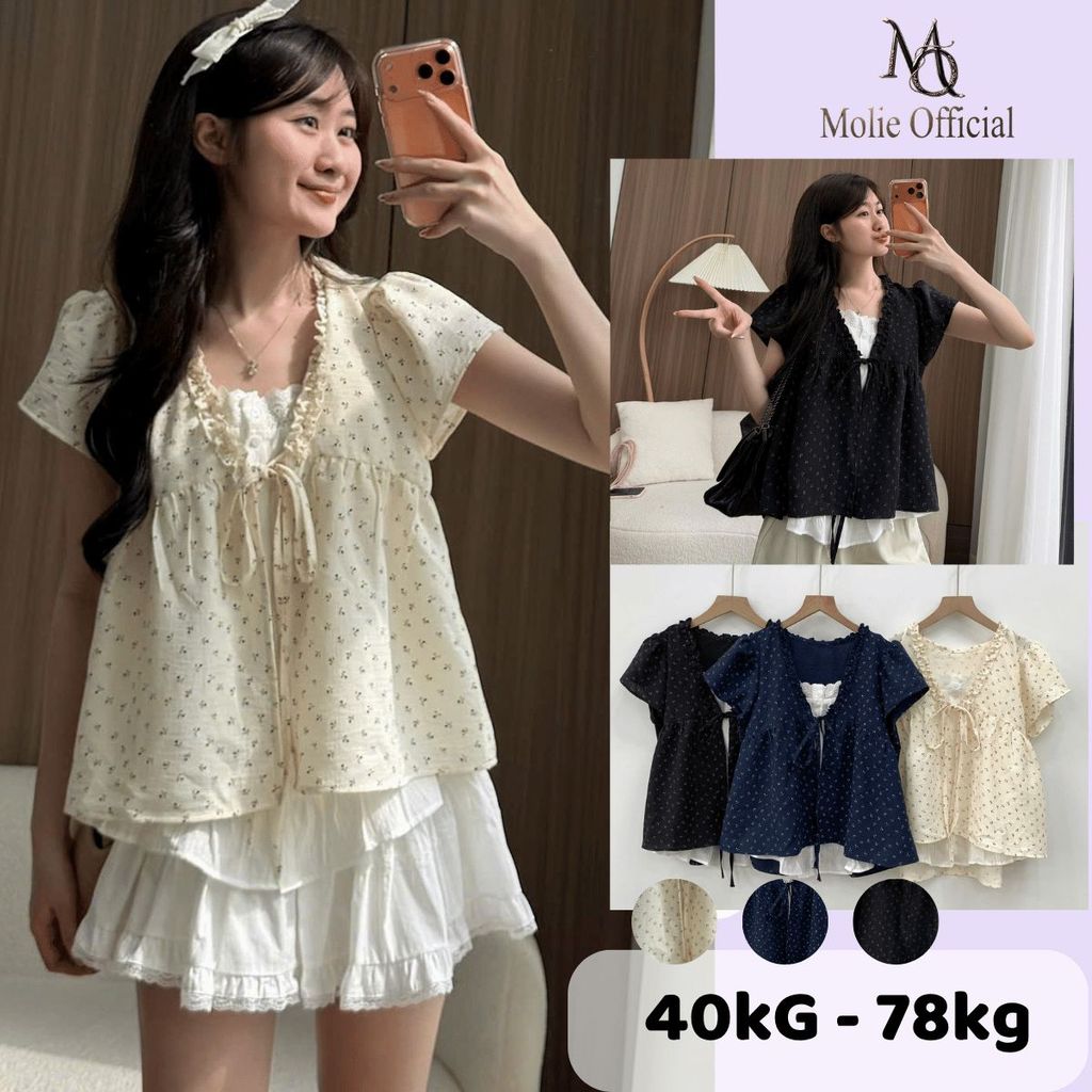 Áo Babydoll Cộc Tay Hoa Nhí Viền Bèo Nơ Ngực Phối Ren Trắng A874 Thời Trang Nữ MOLIE OFFICIAL