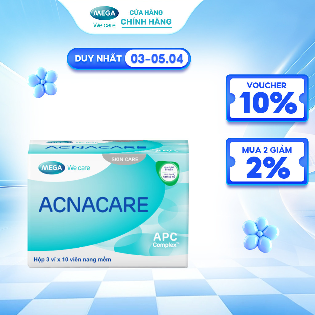 Viên uống giảm mụn, giảm nhờn - Kẽm, Crôm, D.Salina, Vitamin C, Vitamin E - ACNACARE Mega We Care (30 viên)