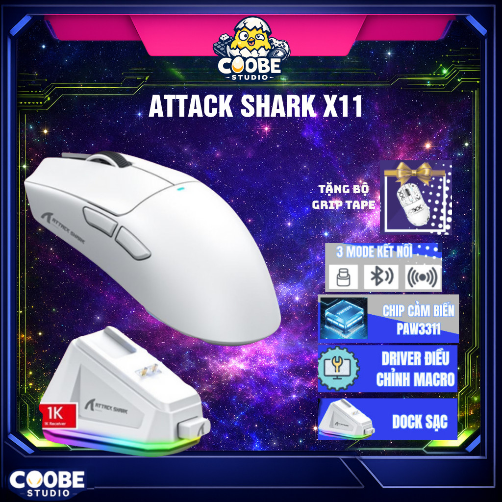[Ship nhanh] Chuột Gaming Không Dây Bluetooth Attack Shark X11 Chip Khủng PAW3311 Pollingrate 1Khz - CooBeStore