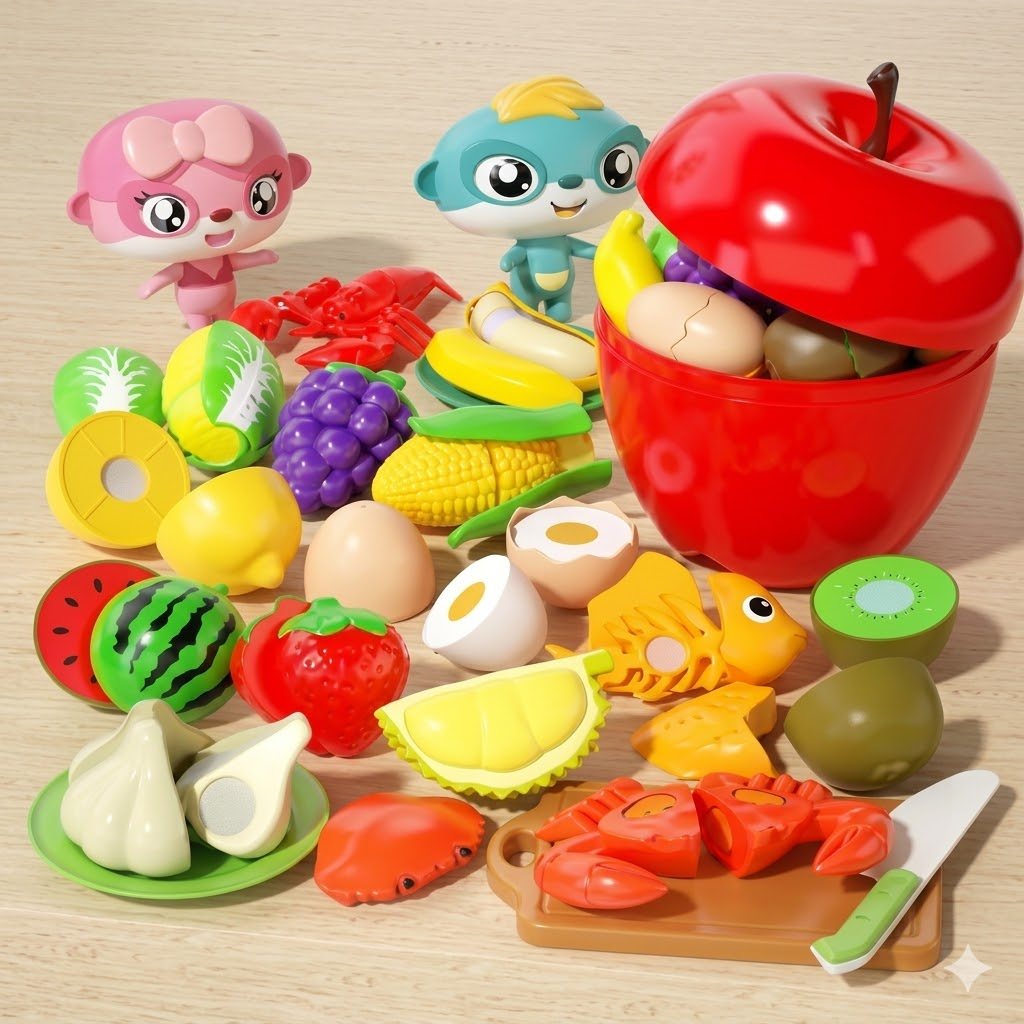 Bộ Đồ Chơi Hộp Táo Đỏ Cắt Trái Cây, Hoa Quả & Hải Sản Cho Bé – Set Nhà Bếp Mini Siêu Xinh