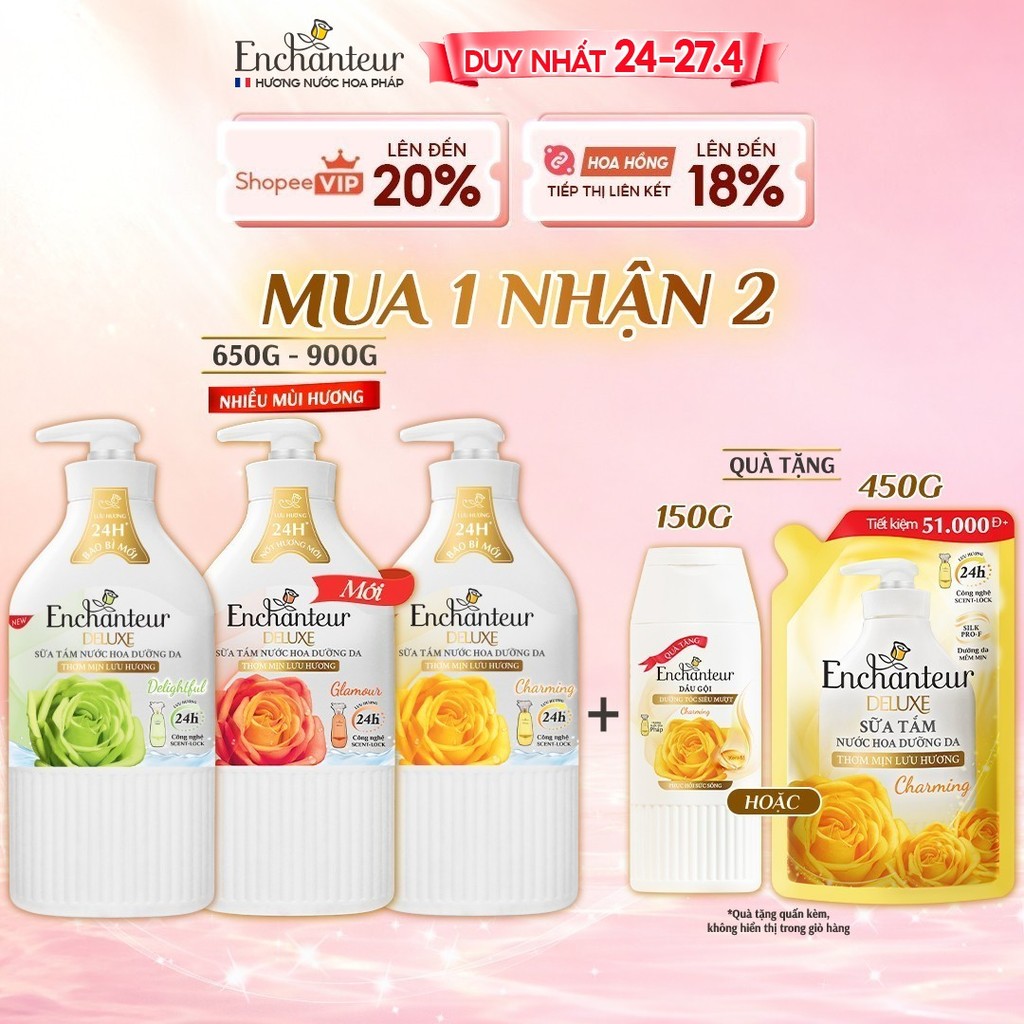 [TẶNG Túi 200G/ 450G] Sữa tắm hương nước hoa Pháp Enchanteur Deluxe 650g / 900g (Tặng mùi ngẫu nhiên)