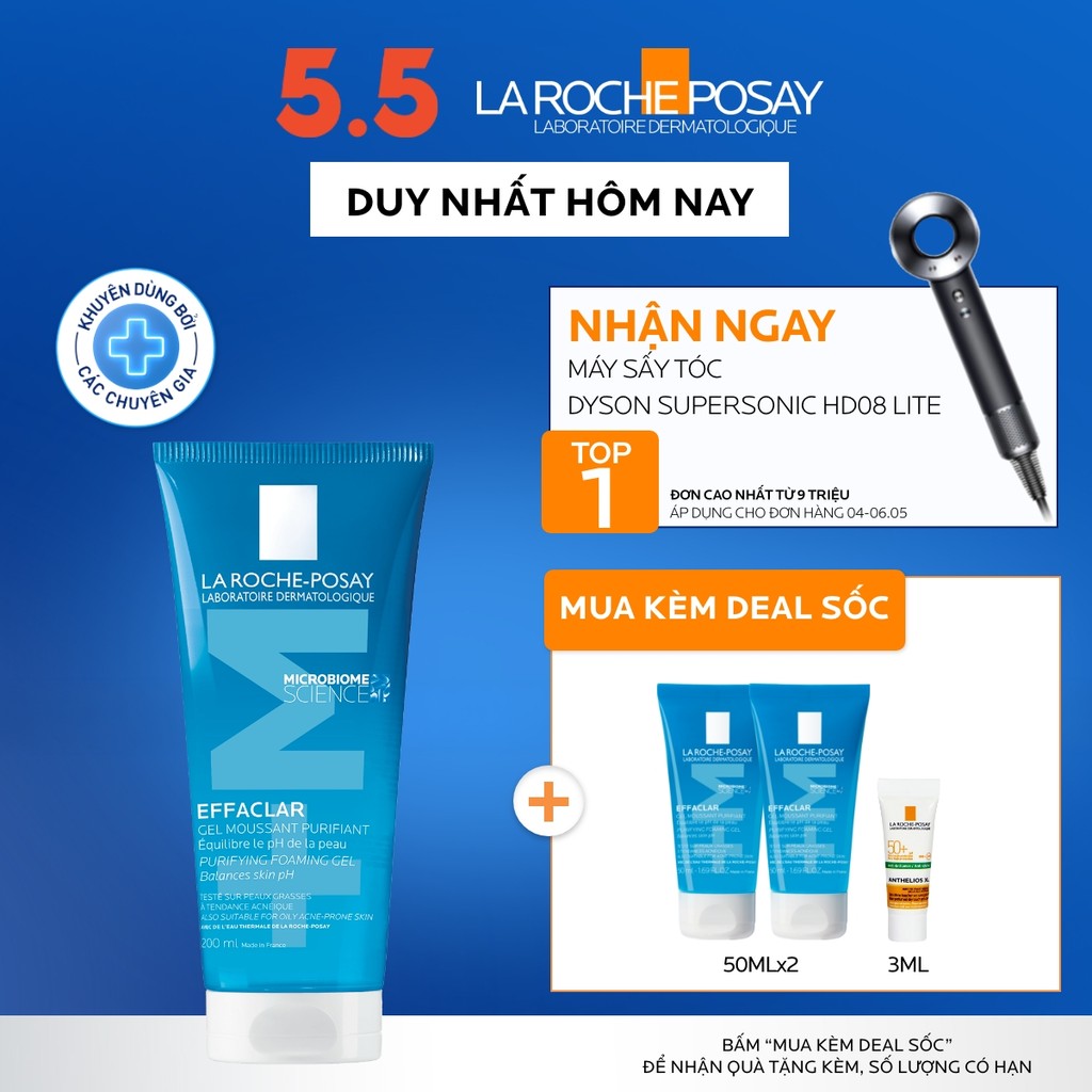 Gel rửa mặt sạch sâu giảm mụn cho da dầu mụn nhạy cảm La Roche-Posay Effaclar Foaming Gel 200ml