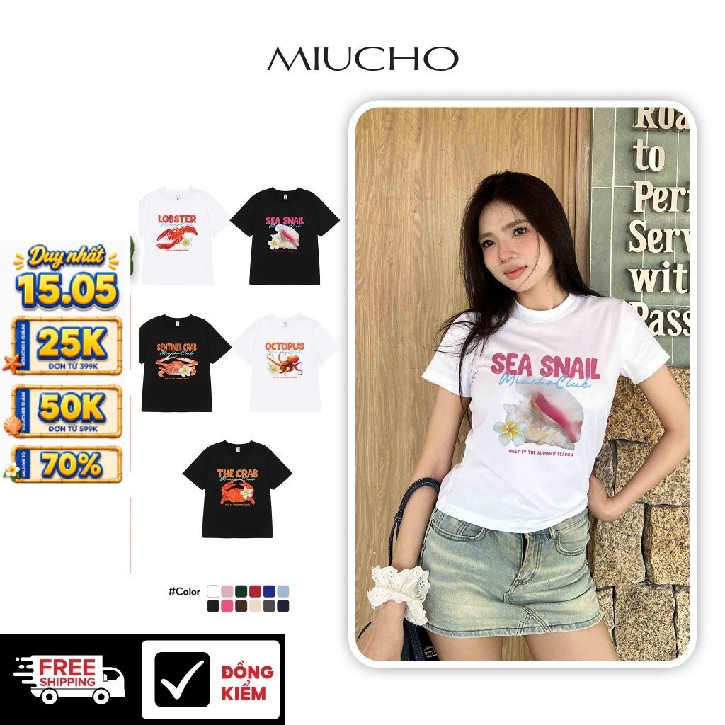 Áo baby tee ôm body hè biển Miucho BST cổ tròn vải 2 chiều co giãn thoáng mát in mix