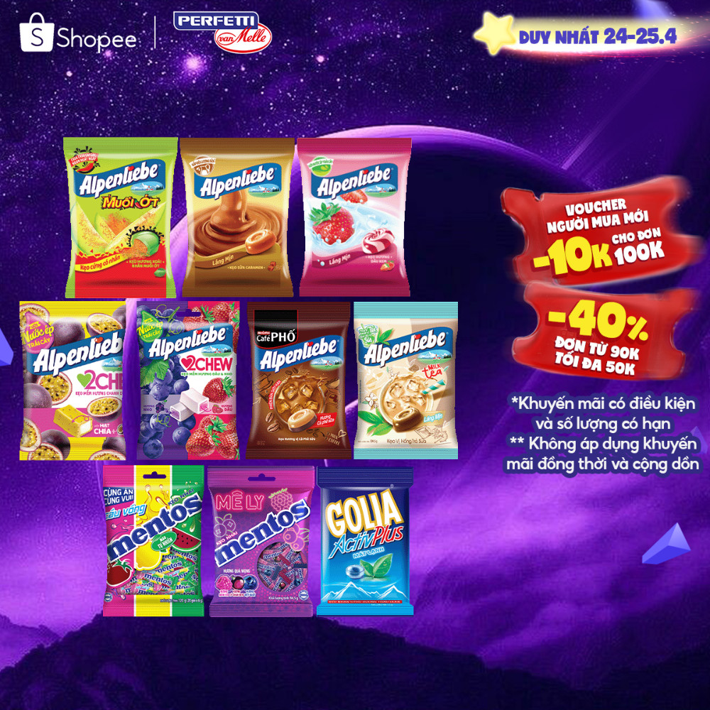 Kẹo cứng, kẹo mềm, kẹo nhai Alpenliebe, Golia, Mentos dạng gói nhiều hương vị