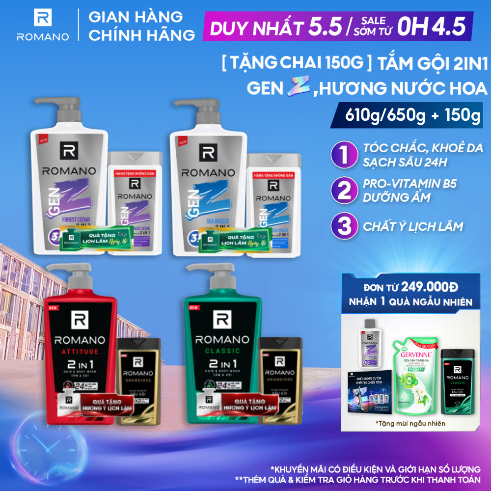 [TẶNG Chai 150G] Tắm gội cho nam 2in1 Romano Gen Z Hương Forest Cedar/ Sea Breeze 610g (Tặng mùi ngẫu nhiên)