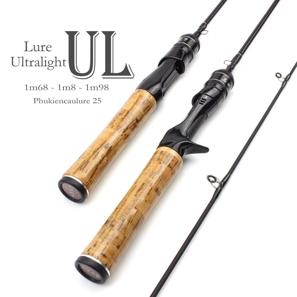 Cần Câu Lure Tay Gỗ Carbon UL – Ngọn Đặc, 2 Khúc, Máy Đứng & Ngang, Lure 3-10g, Line 2-10lb