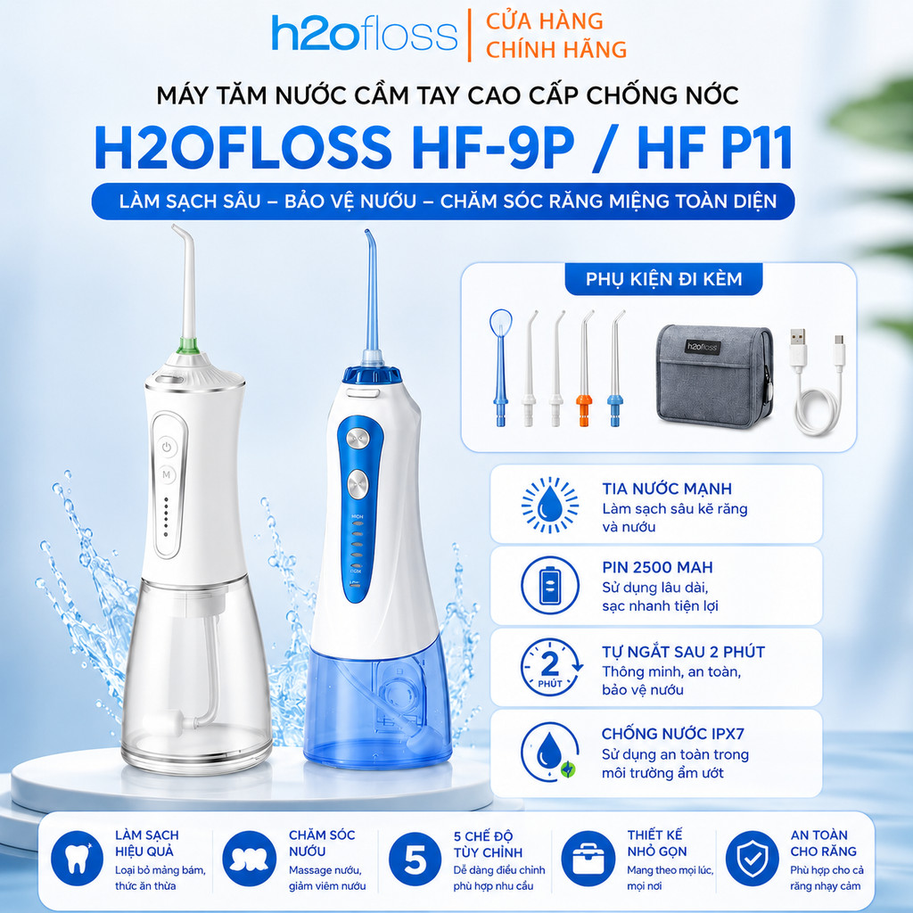 Máy Tăm Nước H2ofloss HF-P11 HF-9P / HF-6 / HF-10 mini Tăm Nước Cầm Tay Dụng cụ vệ sinh răng miệng (chính hãng)