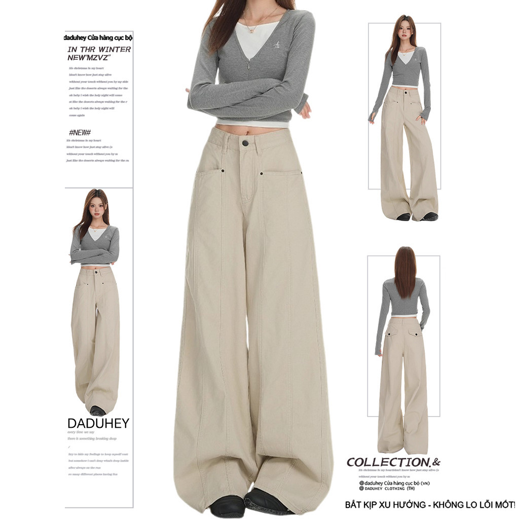 【🤍🍂Quần Jeans Nữ Workwear Rửa Cát - Ống Rộng Eo Cao Dáng Rộng Thoải Mái】Hàng có sẵn