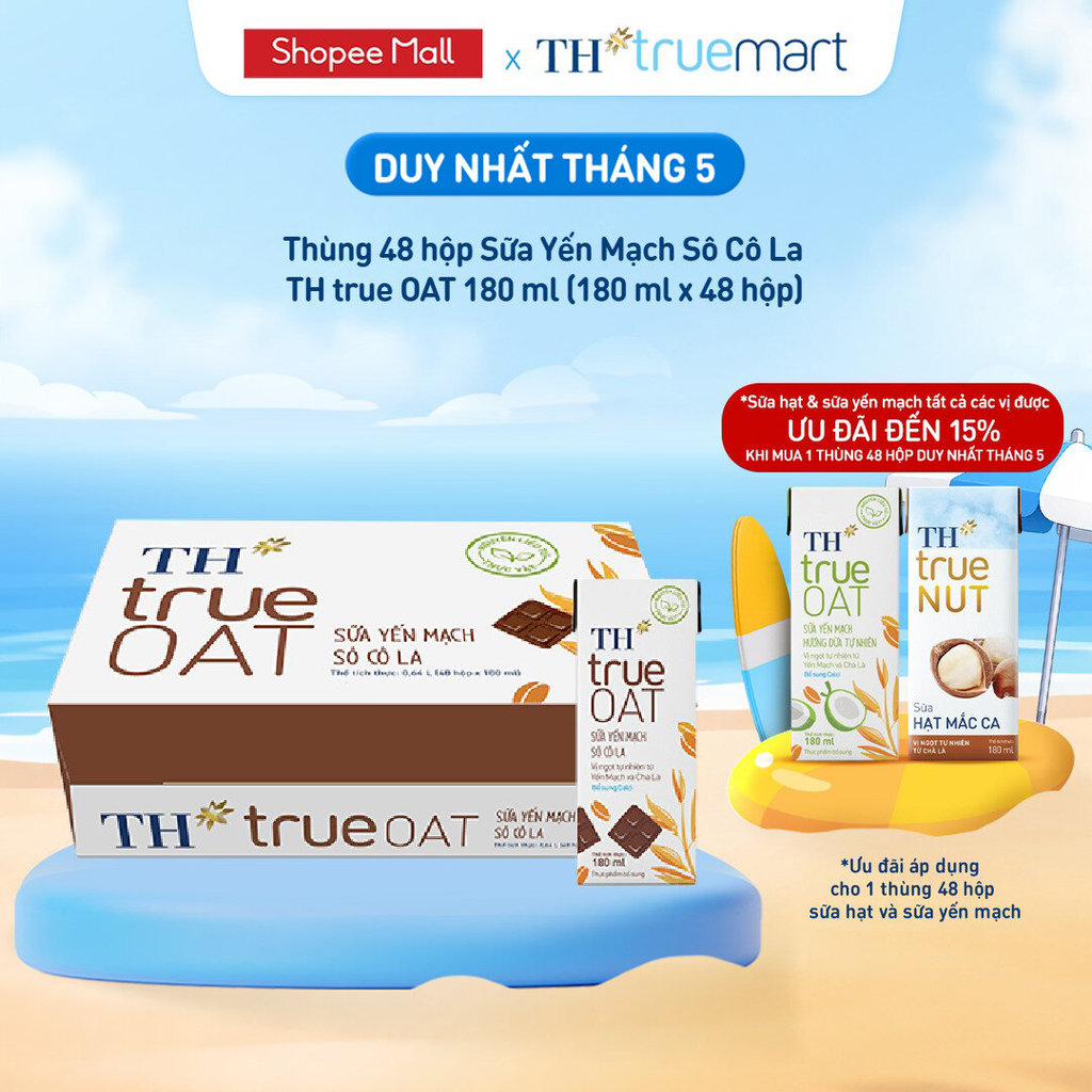 [LIVESTREAM] Thùng 48 hộp Sữa Yến Mạch Sô Cô La TH true OAT 180ml (180 ml x 48)