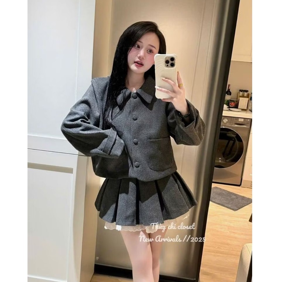 (ảnh thật) SET DẠ NỮ ÁO KHOÁC CÚC BỌC MIX CHÂN VÁY XẾP LY LÓT TRONG VIỀN REN